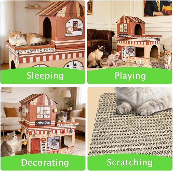 Cardboard Cat House for Indoor Cats, Double Layer Cat Scratcher House for Large Kitty Rabbit Bunny, Scratch & Sleep 2 in 1 Design, Durable & Easy to Assemble Scratching Bed(Coffee Bar)