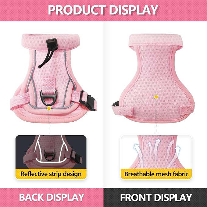JOHNBOLIN Cat Harness and Leash Set - Escape Proof, Adjustable Breathable Vest Harnesses with Reflective Strips, Easy Control & Secure Walking for Small Medium Large Cats Kitten Collar (Pink, Large)