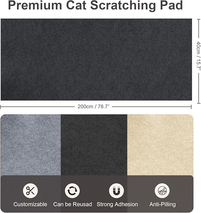 Cat Scratch Furniture Protector, 78.7"x15.7" Trimmable Self-Adhesive Cat Scratching Mat, Corner Couch Protector from Cat Claws, DIY Anti-Scratch Pad Rug for Sofa, Wall & Door, Dark Gray