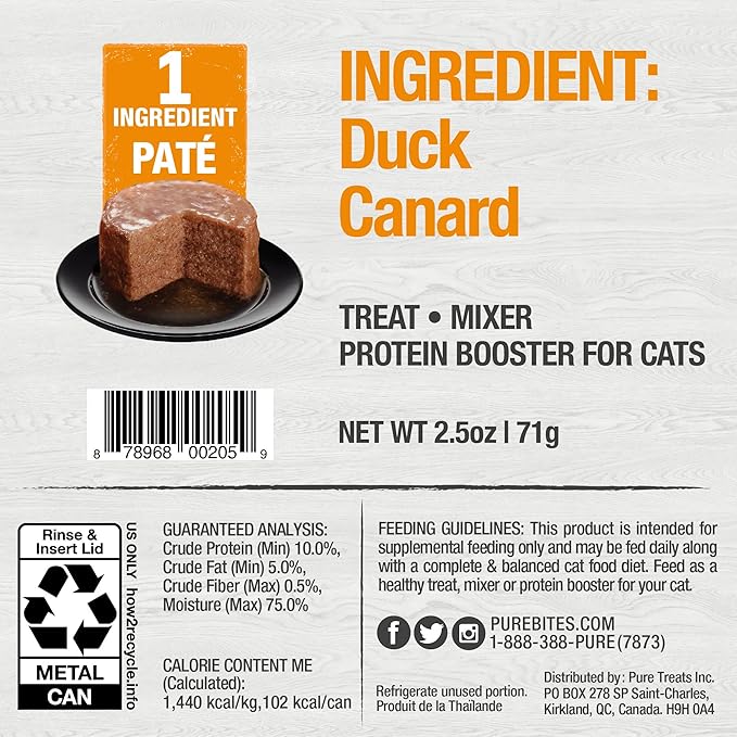 PureBites 100% Pure Duck Pate Cat Treat | 2.5oz can | only 1 Ingredient | case of 12