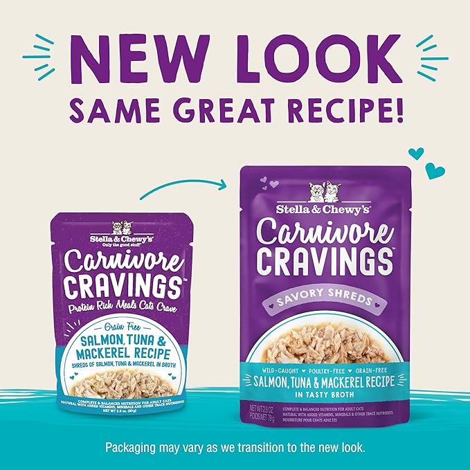 Stella & Chewy's Carnivore Cravings Wet Cat Food - Premium Pouches - Grain Free, High Protein Salmon, Tuna & Mackerel - Perfect for Picky Eaters - Complete Meal or Topper (2.8 oz, 12 Pack)
