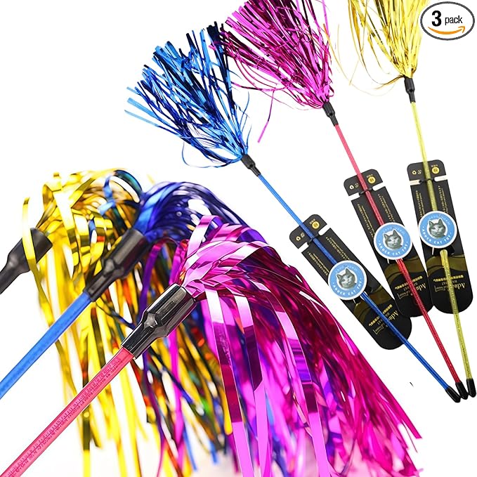 ADUCK 3 Pack Cat Wand Toy for Indoor Cats, 22-Inch Interactive Tassel Teaser Kitten Toy for Exercise and Play, Durable PE Wand Chaser Without Loose Parts (Gold, Blue, Pink)