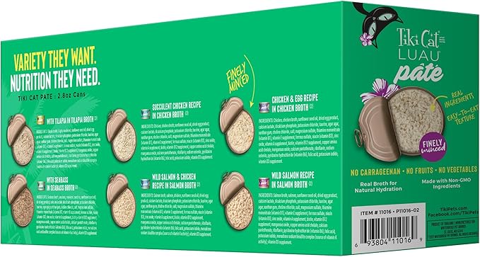 Tiki Cat Luau Pâté Variety Pack, Succulent Combinations of Real Protein, Grain-Free Balanced Nutrition Wet Canned Cat Food, for All Life Stages, 2.8 oz. Cans (Pack of 12)