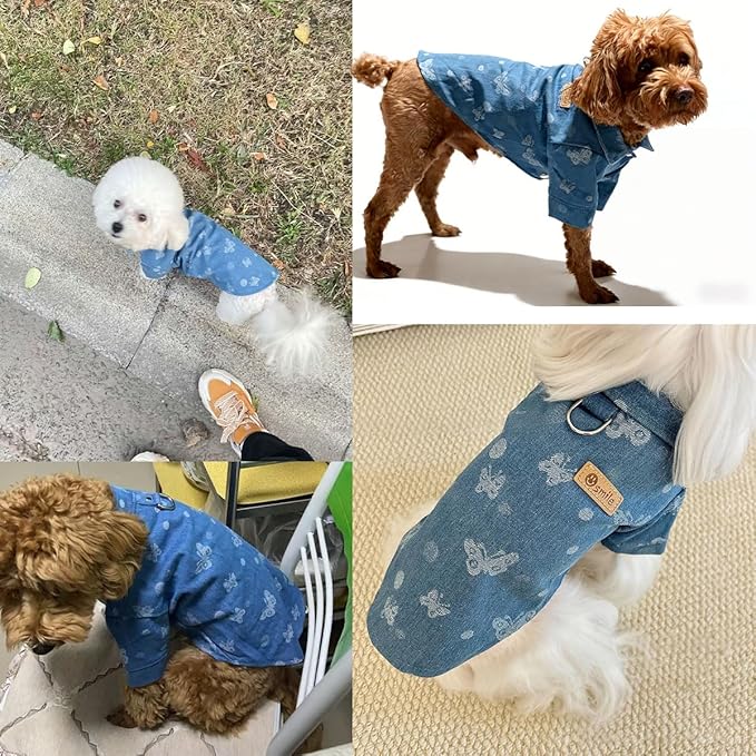 Unisex Pet Denim Shirt for Cats & Small Dogs, Soft Washed Denim, Collared Button Down with Back D-Ring, Breathable Cotton, Spring/Summer/Fall (Medium, Shirt-Light Blue with Butterfly)