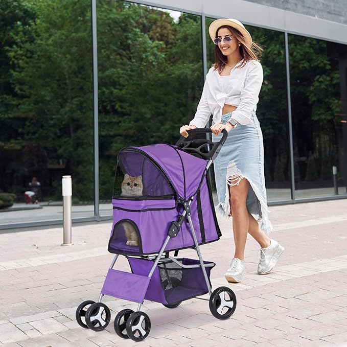 4 Wheels Foldable Pet Dog Cat Jogger Stroller Travel Carrier Strolling Cart w/Waterproof Cover Storage Basket Cup Holder & Removable Liner for Medium Small Cat Dog, Purple