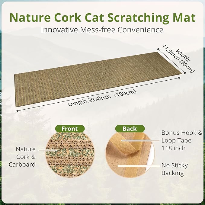 Natural Cork Cat Scratcher Mat with NO Preapplied Adhensive, Bonus Hook-Loop Tape Included. Replacement for Cat Post, Scratcher, Ramp, Cat Whell and Pet Supplies. (Catnip Green, 39.4 x 11.8 Inch)