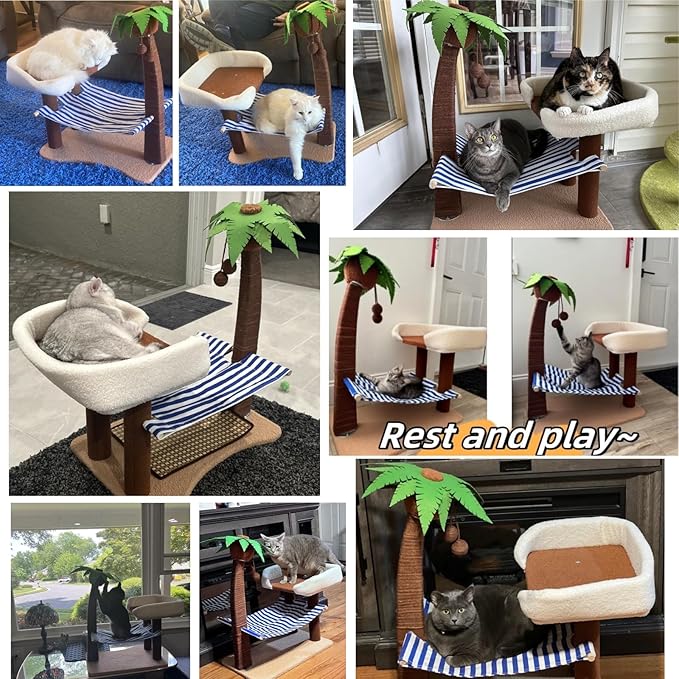 2 in 1 Cat Bed with Scratching Post, 29.5" Tall Sisal Rope Cat Scratching Post with Cat Bed Tower, Hammock and Hanging Ball for Indoor Adult Cat Small Kitten Rest and Fun