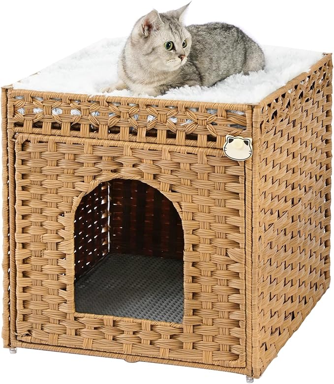 SETVSON Cat Litter Box Enclosure Furniture with One Cat Bed Pad, Hidden Litter Box Handwoven Rattan Cat House with Two S-Shaped Hooks for Living Room, Bedroom, 18.5 x 20.5 x 19.1 Inch,Natural