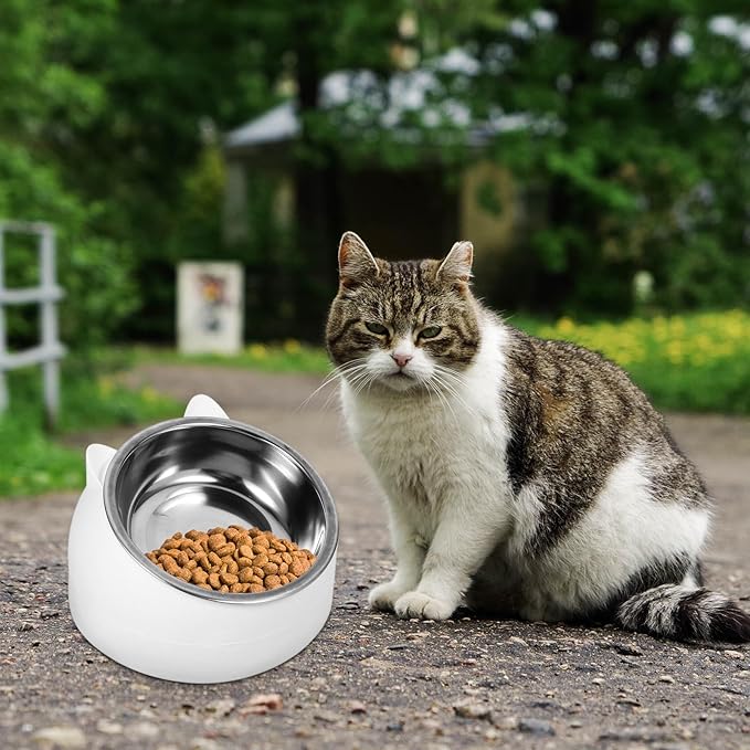 UPKOCH 200ml Anti-Spill Stainless Steel Cat Bowl with Neck Protection and Tilted Design, Small White Pet Feeding and Watering Bowl for Cats