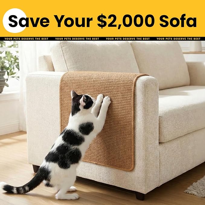 Conlun Cat Scratcher Mat,Natural Sisal Cat Scratch Pad with Hook&Loop Tape,Horizontal Floor Kitten Scratching Pads Rug for Indoor,Pet Furniture Protector for Couch&Carpets&Sofas, Large, Brown