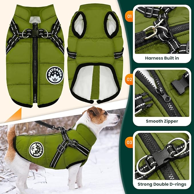 PETCARE Winter Dog Coat with Harness Built in Waterproof Dog Jackets Warm Pet Fleece Vest Windproof Snow Jacket Snowsuit Reflective Dogs Cold Weather Coats for Puppy Small Medium Large Dogs Cats