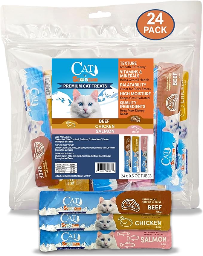 Scoochie Pet Products Cat by Scoochie Assorted Lick Treats – Chicken, Salmon & Beef | 0.5oz | 24 Pack