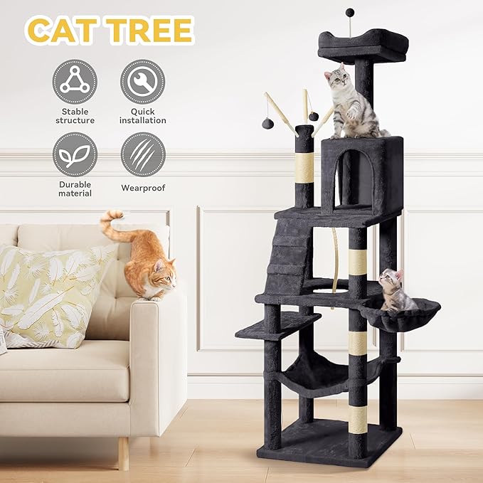 DWVO 64.5 Inch Tall Cat Tree, Multi-Tier Cat Condo with Hammock, Scratching Posts & Play Balls for 2-3 Cats (Dark Gray)