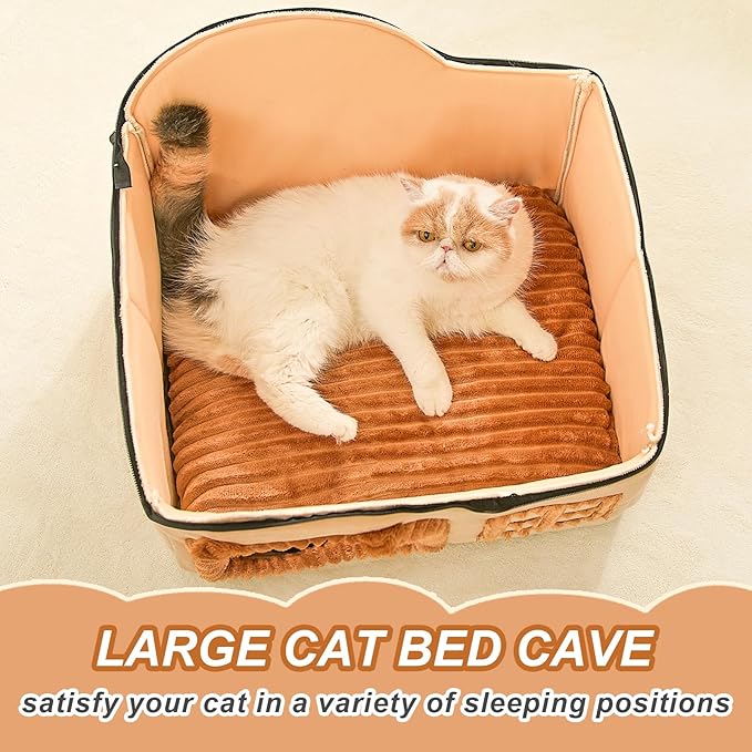 Jiupety Bear Cat Houses for Indoor Cats, Chimney Cute Cat Bed Cave, Enough Interior Space, Cartoon Soft Pet House Up to 3-15 lbs Puppy, Brown