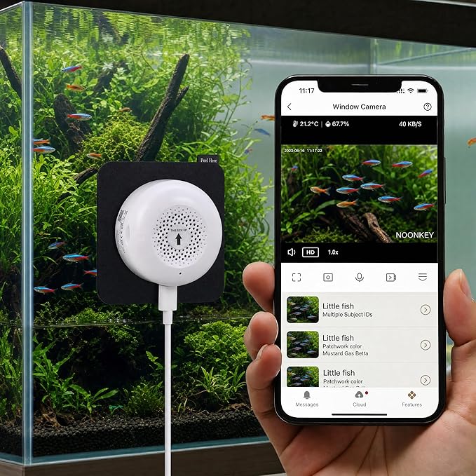 Noonkey Aquarium & Terrarium Pet Camera, 3MP 2K HD Monitor for Aquarium Reptile Bird Feeder, 5GHz/2.4GHz WiFi, Color Night Vision, Motion Alarm, 2-Way Audio, 24/7 Recording, Works with Alexa