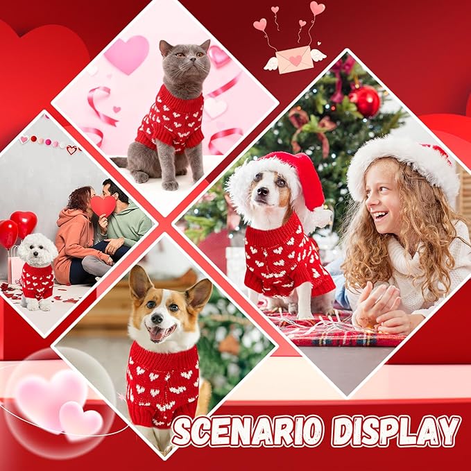 Heart Knit Pet Sweater, Warm Pullover Winter Clothes for Small and Medium Dogs Cats, Soft Puppy Outfit for Cold Weather, Christmas, Valentine's Day (Red, S (Fit 4–5 lbs, Chest 11–12", Neck 8–9"))