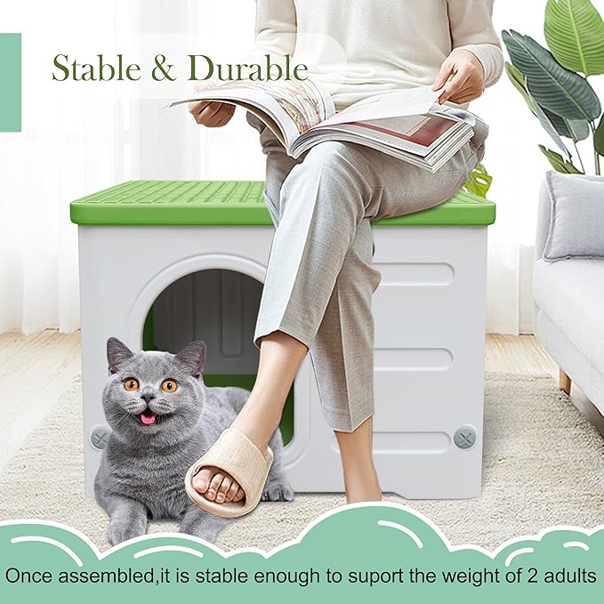 Plastic Cat House Outdoor & Indoor, Feral Cat Houses Waterproof Outdoor Cat House for Feral Cats, Outside Cat Shelter for Small Pet, Assemble and Clean Easily-Green