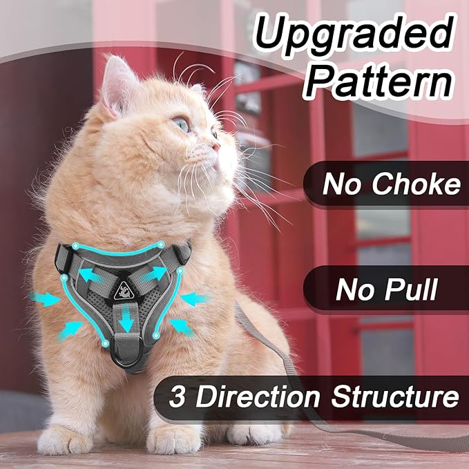 Cat Harness and Leash Set, Escape Proof Adjustable Vest with Leash for Walking with Kittens and Puppies Outdoor, Soft Mesh Jacket with Reflective Strips (M, Grey)