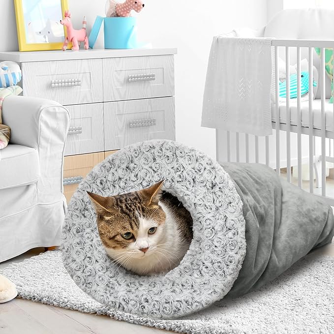 Cat Cave Bed for Indoor Cats, Warm Covered Cat Bed for Sleeping Relax Play, Cozy Fluffy Flannel Washable Kitten Tunnel Nest for Cold Weather