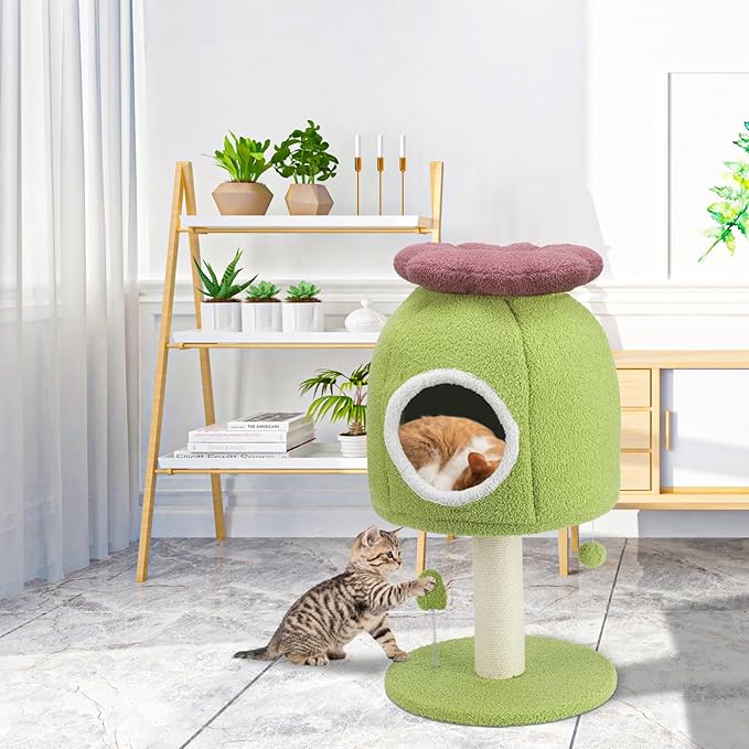 EMUST Flower Cat Tree with Bed, 28.74inch Tall Cat Tower with Scratching Post & Cozy Condo, Cute Sisal Cat Scratcher with Plush Hang Spring Ball Toys, Removable Cat Bed for Indoor Adults Cats, Green