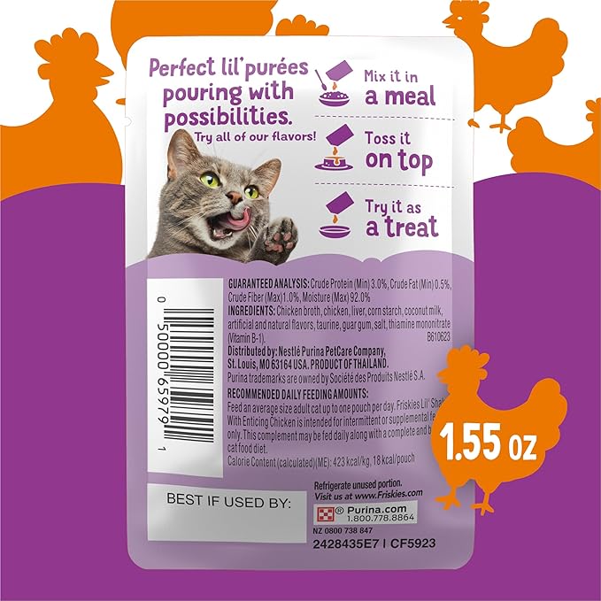 Purina Friskies Pureed Cat Food Topper, Lil’ Shakes With Enticing Chicken Lickable Cat Treats - (Pack of 16) 1.55 oz. Pouches