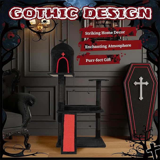 Gothic Cat Tree with Coffin Bed,53" Cat Tower with Spacious Cat Condo，Scratching Posts，Spider Hanging Ball，Multi-Level Cat Activities Furniture for Large Cats, Black Halloween