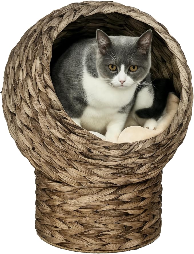 PawHut Handwoven Elevated Cat Bed with Soft Cushion & Egg Chair Shape, Basket Bed Kitty House with Stand, Raised Wicker House for Indoor Cats, 20" H, Gray