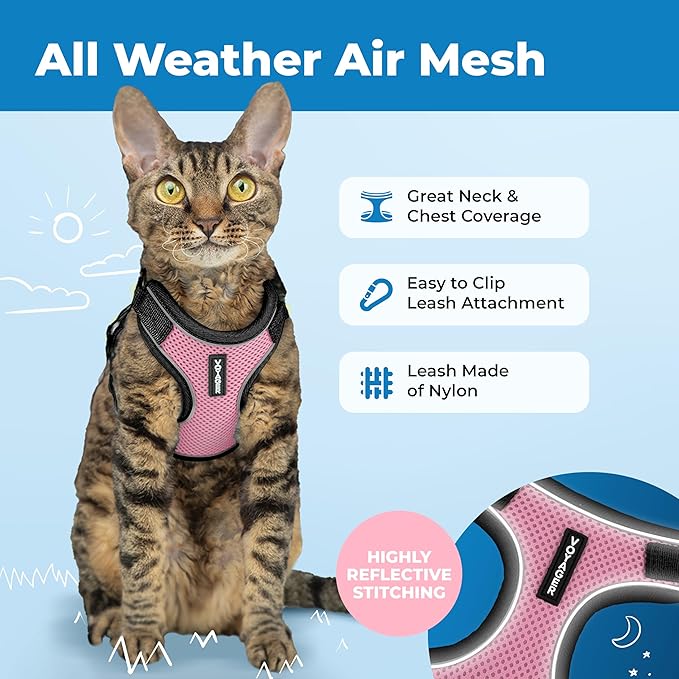 Voyager Escape-Proof Step-in Lock Cat Harness & 5ft Neoprene-Handle Leash Set All-Weather Mesh with Reflective Stitching for Small to Large Cats by Best Pet Supplies, Black Trim-Pink (327), S