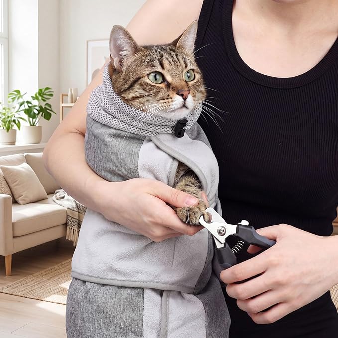 Hsei Cat Grooming Wrap Kit with Nail Clipper and File Self Adhesive Cat Swaddle for Cutting Nails Calm Pet Burrito Wrap Restraint Bag for Nail Trimming, Vet Visits & Medication