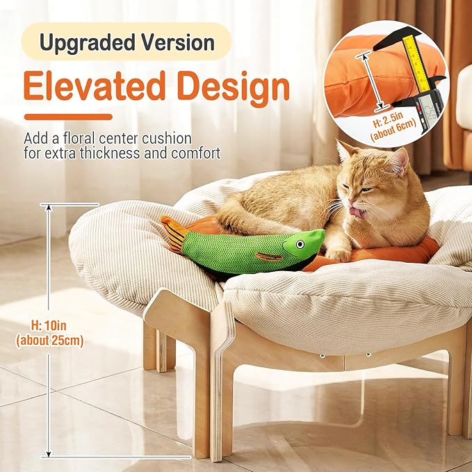 Elevated Flower Cat Bed with Thickened Soft Cushions, Aesthetic Raised Cat Chair for Indoor Cats, Wooden Cats Furniture with Toy, 39lbs Capacity (Beige Petal & Orange Center)