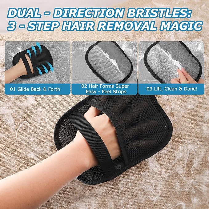 2-Pack Pet Hair Remover Gloves, Electrostatic Cat and Dog Hair Removal Gloves for Furniture, Car Interiors, Bedding, Reusable Cleaning and Grooming Mitts