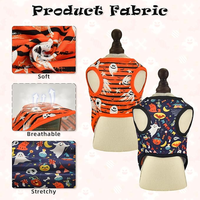 2PCS Halloween Puppy Sleeveless Tank Tops Dog Ghost Spooky Bat Pumpkin Pattern Shirts Halloween-Themed Apparel Vest for Small Middle-Sized Dog Cat XL