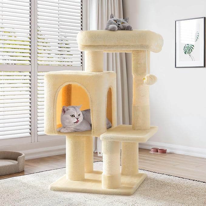 SHA CERLIN 29in Cat Tree for Indoor Cats, Multi-Level Cat Tower with Large Perch, Cozy Condo, Playful Toy Balls, Sisal Scratching Posts, Stable Pet Furniture Activity Center, Space-Saving, Beige
