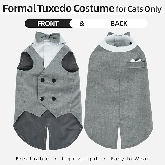 QBLEEV Cat Tuxedo Outfit, Sphynx Cat Costume for Cats Only, Formal Kitten Clothes Attire Suit with Bow Tie, Stylish Birthday Wedding Party Photo Shoots Costume for Male Female Cats, XS, Grey