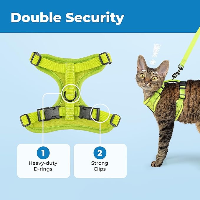 Voyager Escape-Proof Step-in Lock Cat Harness & 5ft Neoprene-Handle Leash Set All-Weather Mesh with Reflective Stitching for Small to Large Cats by Best Pet Supplies, Lime (327), XXXS