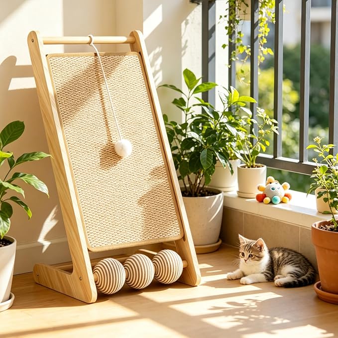 Sisal Cat Scratching Board, 23" Scratching Ramp for Indoor Kitty, L-Shaped Wooden Cat Furniture with Hanging Ball, Multi-Functional Cat Toy, Meets Scratching, Tapping & Pouncing Needs