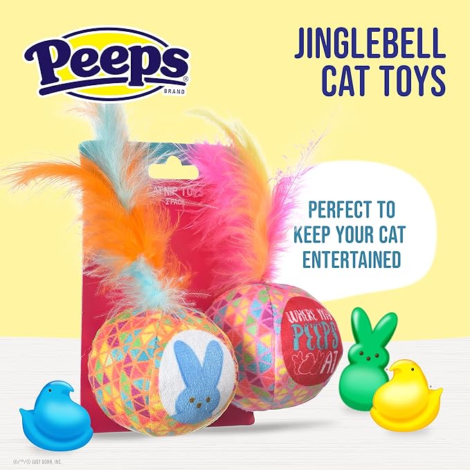 Peeps for Pets Jingle Bell Cat Toy- 2PK Assorted Backercard | Jingle Bell Catnip Cat Toys, 4"- 2 Count | Cat Toy Set with 2 Cat Toys | Catnip Cat Toys Feather Cat Toys Cat Bell Toy from Peeps