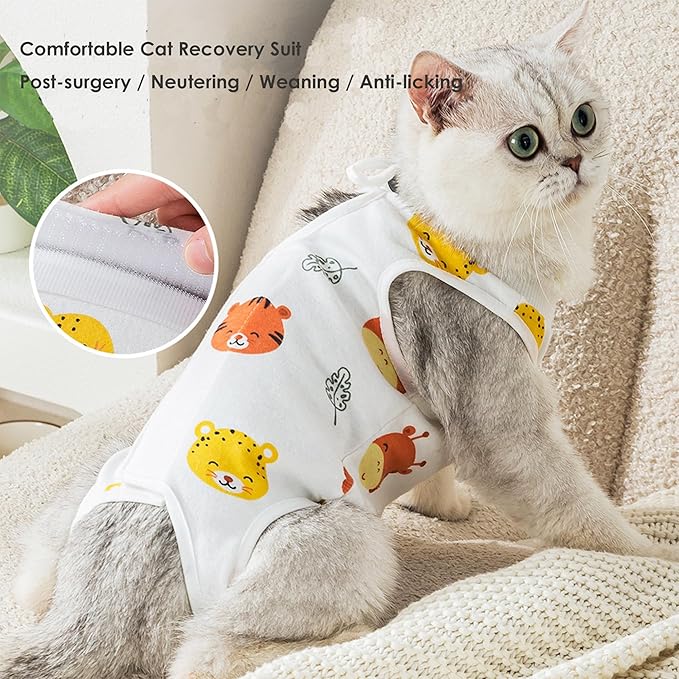 Cat Recovery Suit for Spay & Surgery – Breathable Anti-Lick Cone Alternative Onesie, Adjustable Velcro (White, M)