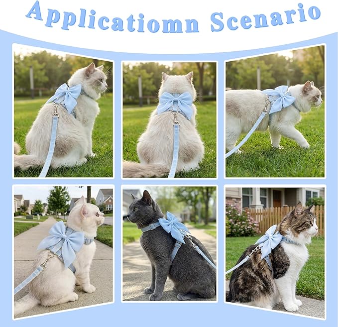 Tensho Blue Bow Cat Harness and Leash Set Escape Proof, Adjustable Kitten Harness with Leash, Bow Tie Cat Harness for Walking Outdoor - Soft Lightweight Harness for Small Dogs Cats Rabbits (S)