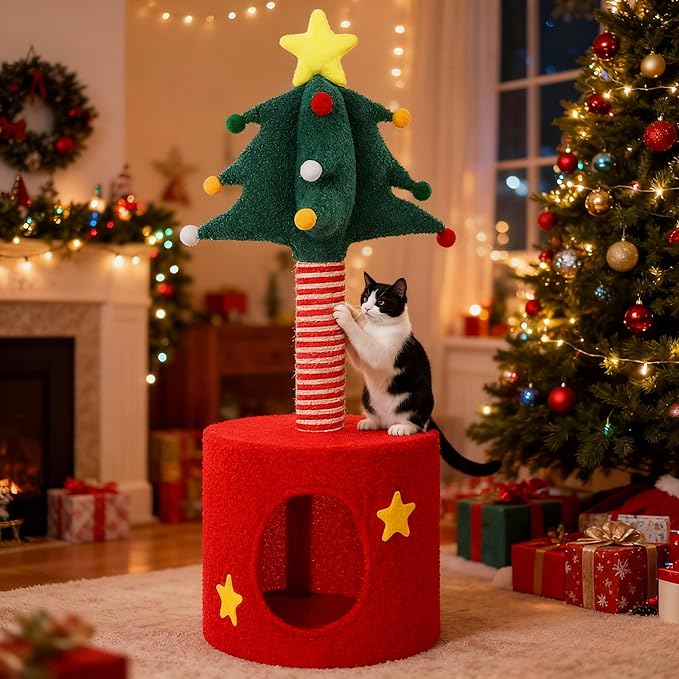 Christmas Cat Tree Tower with Sisal Scratching Post Scratcher and Gift Box Christmas Cat House Condo Bed 33 Inch for Indoor Kittens to Play and Sleep Xmas Holiday Decoration