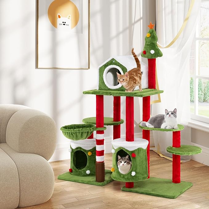 PETSITE 58 Inch Cat Christmas Tree, Multi-Level Cat Tower with 3 Cat Condos, Cat Self Groomer, Side Basket, Faux Christmas Tree, and Anti-Tipping Kit, Christmas-Themed Cat Tree for Indoor Cats