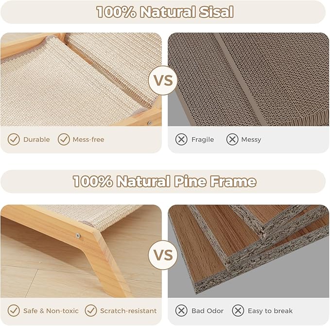 Avont Cat Scratcher Bed, Natural Sisal Scratching Pad Solid Wood Frame Cat Lounge Chair Couch for Indoor Cats -Extra Large