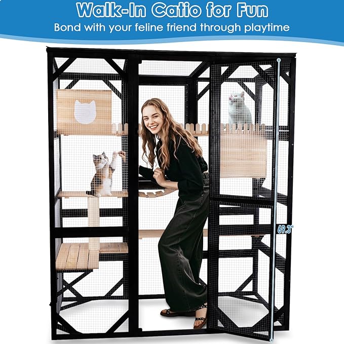 FunXplore Large Catio Outdoor Cat Enclosure Window 73" H Walk-in Cat House Kitty Cage for Multiple Indoor Outdoor Cats Outside Patio with 5 Access Doors Waterproof Roof