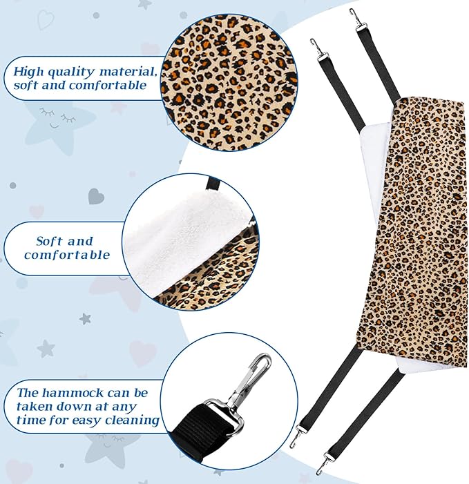 Jetec 2 Pack Cat Hammock for Cage, Catio Accessories Reversible Soft Cats Bed with Adjustable Straps and Hooks Double-Sided Linen and Fleece Hanging Hammock for Cats, Kitten(Leopard and Dot,M)