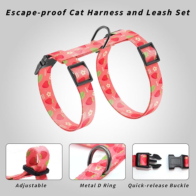 Seyezo Cat Harness and Leash Set, Adjustable Kitten Harness Escape Proof Cats Harness, Soft Lightweight Walking Travel Pet Harness, Cute Kitty Harness Leash Set for Small Medium Cats, Pink Strawberry
