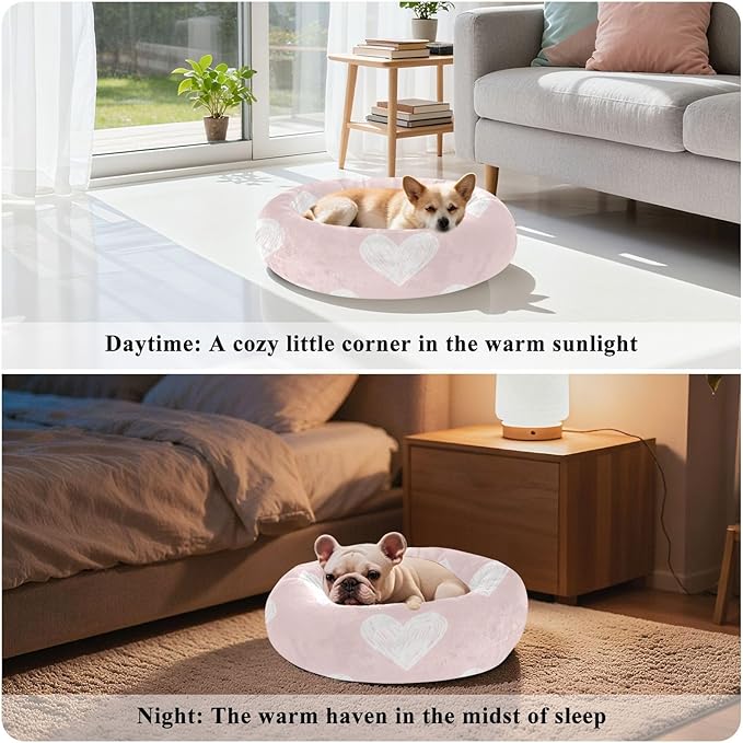 Valentine's Day Pink Heart Donut Pet Bed, Fluffy Cat Bed for Cats for Medium Sized Pets, Dog Supplies and Furniture