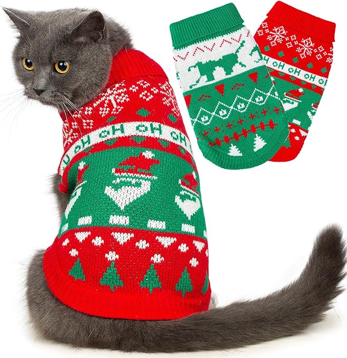 Stretchy Cat Christmas Sweater - 2 Packs Christmas Sweaters for Cats | Snug Winter-Ready Knit for Boy/Girl Cats & Kittens(Scarlet, Medium)