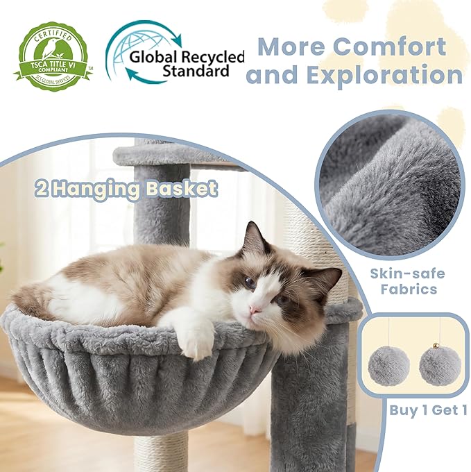 Cat Tree, 73-Inch Sturdy Corner Cat Tower with Wide Top Perch, Cat Furniture with 2 Spacious Condos, 2 Cozy Baskets, 2 Scratching Boards & Interactive Toy for Large Cat, Light Grey VCT021W