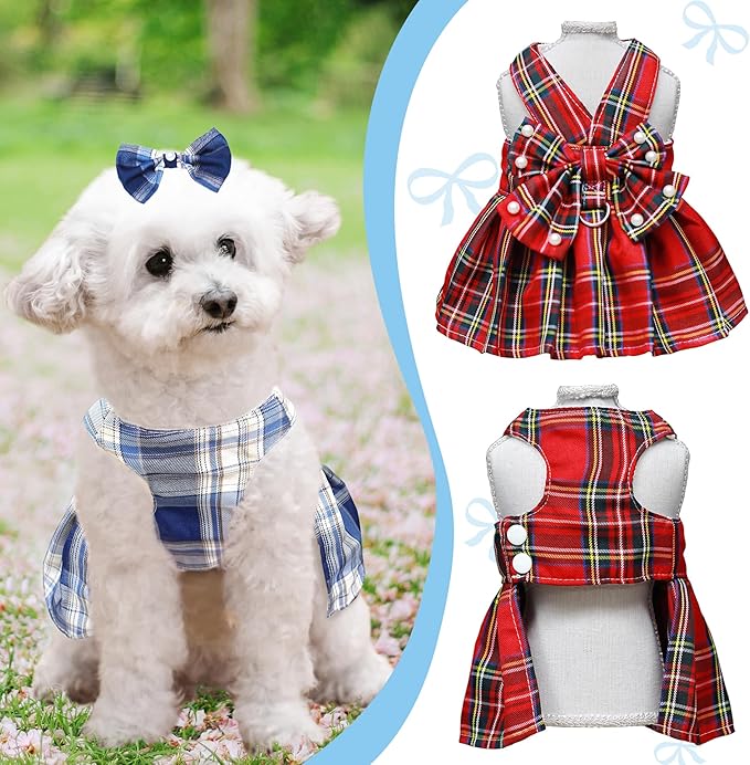 Dog Dress Bowknot Harness Leash Set for Small Dogs Girl Cute Plaid Dog Dress Pearls Bow Tie Spring Summer Princess Clothes Birthday Holiday Doggie Outfits for Puppy Cats Girl Apparel (Red, X-Large)