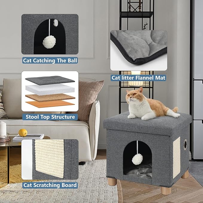 BRIAN & DANY Cat Beds for Indoor Cats,Large Cat Cave House for Kitten with Scratch Board & Ball, 17.7 x 14.8 x 15 inches, Gray (Large)
